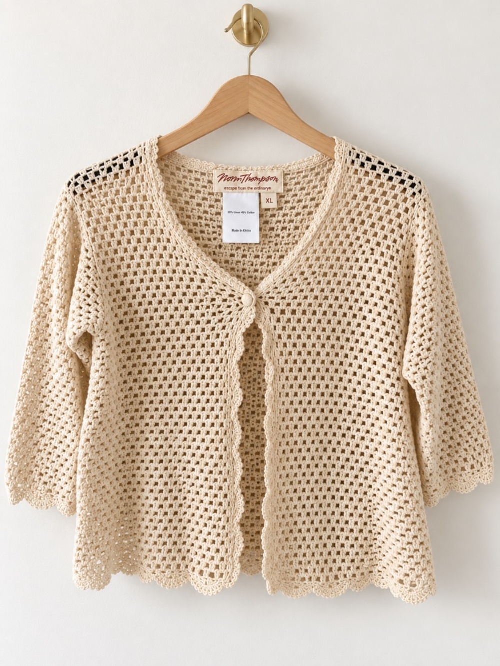 Norm Thompson Vintage Cream Linen/Cotton Crochet Knit Cardigan Sweater Size XL